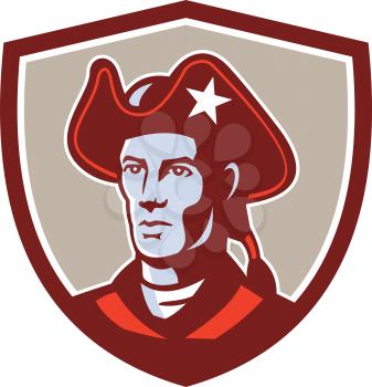 Illustration of an american patriot minuteman head viewed from front set inside shield crest on isolated background done in retro style. 