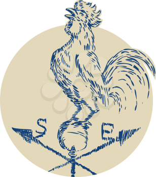 Etching engraving handmade style illustration of a rooster cockerel crowing standing on top of weather vane viewed from the side set inside circle on isolated background.