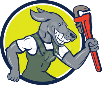 Illustration of a dog plumber holding monkey wrench running viewed from the side set inside circle done in cartoon style.