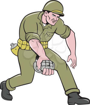 Illustration of a World War two American soldier serviceman holding grenade set on isolated white background done in cartoon style. 