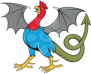Illustration of a basilisk , an animal with the head, torso and legs of a rooster, the tongue of a snake, the wings of a bat and with a snake-like rump that ends in an arrowpoint done in cartoon style