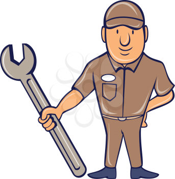 Illustration of a mechanic wearing hat standing in attention holding a giant spanner wrench viewed from the front set on isolated white background done in cartoon style. 
