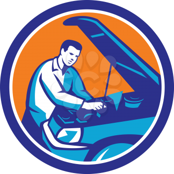 Illustration of an auto mechanic repairing automobile car vehicle set inside circle done in retro style.