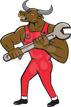 Illustration of a minotaur bull mechanic standing looking to the side holding giant spanner set on isolated white background done in cartoon style. 