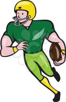 Illustration of an american football gridiron wide receiver player running with ball looking to the side viewed from front set on isolated white background done in cartoon style.