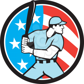 Illustration of a american baseball player batter hitter holding bat viewed from the side set inside circle with usa flag stars and stripes in the background done in retro style.