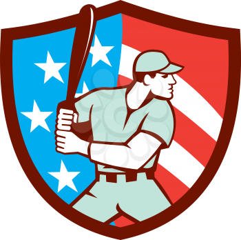 Illustration of a american baseball player batter hitter holding bat viewed from the side set inside shield crest with usa flag stars and stripes in the background done in retro style.