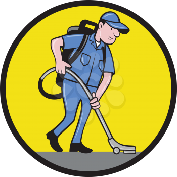 Illustration of a male commercial cleaner janitor worker with vacuum cleaner cleaning vacuuming looking down viewed from side set inside circle on isolated background done in cartoon style.