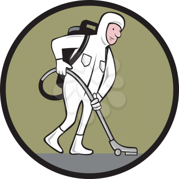 Cartoon style illustration of an industrial cleaner wearing cleanroom suit or bio-hazard suit with back-pack vacuum and vacuuming cleaning viewed from side set inside circle on isolated background.