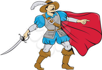 Cartoon style illustration of a musketeer wearing cape holding saber pointing viewed from front on isolated white background. 