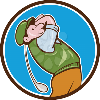 Cartoon vintage style illustration of a golfer playing golf swinging club teeing off looking up viewed from the side set inside circle on isolated background.