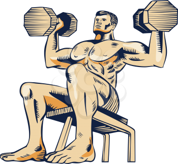 Etching engraving handmade style illustration of an athlete performing high intensity interval training lifting dumbbell viewed from front on low angle.