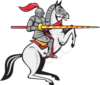 Cartoon style illustration of a knight in full armor holding lance riding horse steed prancing viewed from the side set on isolated white background. 