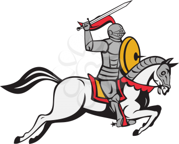 Cartoon style illustration of a knight in full armor holding sword on one hand over head and shield on the other hand riding horse steed attacking viewed from the side set on isolated white background