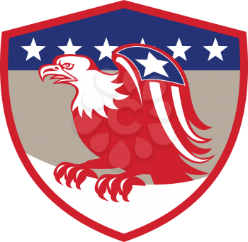 Illustration of a american bald eagle with flag star on wings perching viewed from the side set inside shield crest with stars in the background done in retro style.