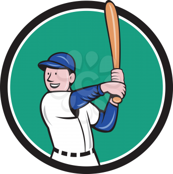 Illustration of an american baseball player batter hitter with bat batting stance viewed from side set inside circle done in cartoon style isolated on background.
