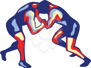 Illustration of wrestlers freestyle wrestling viewed from side on isolated background done in retro style.