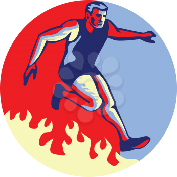Illustration of an athlete in obstacle course racing jumping over fire set inside circle done in retro style.