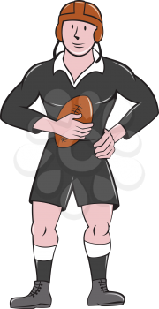 Illustration of a vintage original rugby player wearing black uniform holding ball facing front standing on isolated white background done in cartoon style.