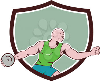 Illustration of a discus thrower viewed from the side set inside shield crest on isolated background done in cartoon style. 