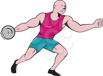 Illustration of a discus thrower viewed from the side set on isolated white background done in cartoon style. 