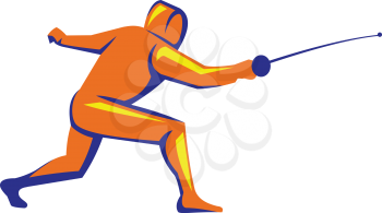 Illustration of a man holding sword thrusting fencing viewed from side set inside on isolated white background done in retro style.