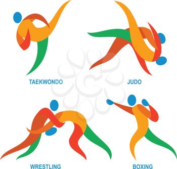 Icon illustration showing athlete playing the sport of judo, taekwondo, boxing and wrestling. 