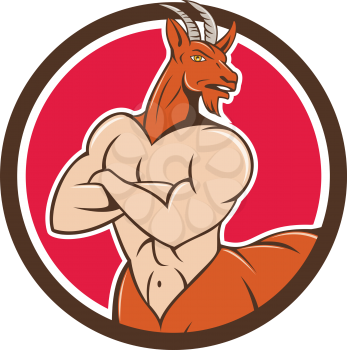 Illustration of Pan, Faun or Satyr from the Greek mythology with human body, head and hindquarters of a goat with arms folded viewed from front set inside circle done in cartoon style. 