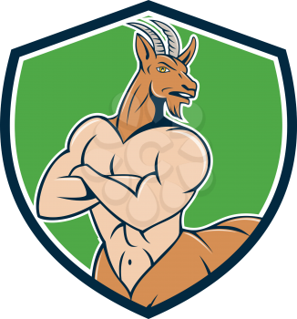 Illustration of Pan, Faun or Satyr from the Greek mythology with human body, head and hindquarters of a goat with arms folded viewed from front set inside shield crest done in cartoon style.