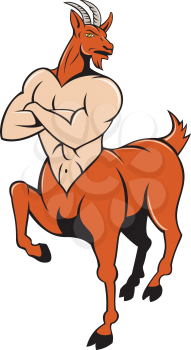 Illustration of Pan, Faun or Satyr from the Greek mythology with human body, head and hindquarters of a goat with arms folded viewed from front done in cartoon style.