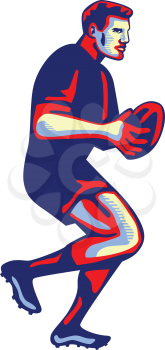 Illustration of a rugby player with ball running passing viewed from side set on isolated white background done in retro style.
