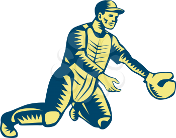 Illustration of a baseball catcher with gloves catching set on isolated white background done in retro woodcut style. 