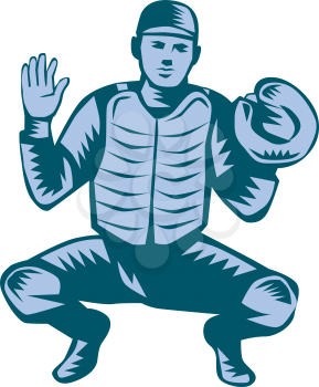 Illustration of a baseball catcher with gloves facing front in a squat position set on isolated white background done in retro woodcut style. 