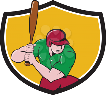 Illustration of an american baseball player batter hitter with bat batting viewed from high angle set inside shield crest done in cartoon style isolated on background.