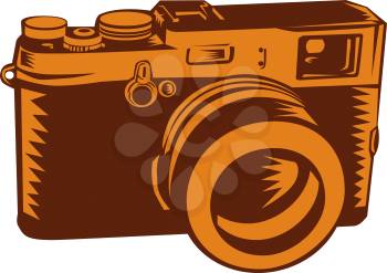 Illustration of a camera with 35mm lens vintage style set on isolated white background done in retro woocut style. 
