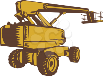 Illustration of a cherry picker mobile lift platform viewed from rear side set on isolated white background done in retro woodcut style.