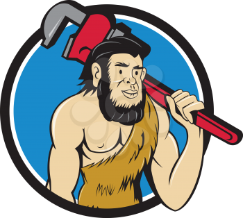 Illustration of a neanderthal man or caveman plumber holding monkey wrench on shoulder set inside circle on isolated background done in cartoon style.