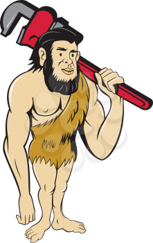 Illustration of a neanderthal man or caveman plumber holding monkey wrench on shoulder set on isolated white background done in cartoon style.