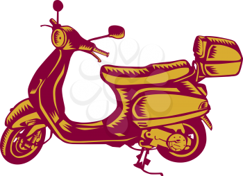 Illustration of a scooter bike vintage style viewed from the side set on isolated white background done in retro woodcut style. 