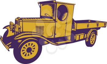 Illustration of a vintage 1920s Pick-up Truck viewed from side on isolated background done in retro woodcut style. 