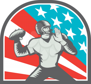 Illustration of an american football gridiron quarterback player throwing ball viewed from the side side set inside crest shield with usa stars and stripes flag in background done in retro woodcut sty