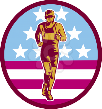 Illustration of a marathon runner viewed from front set inside circle with usa flag stars and stripes in the background done in retro woodcut style.