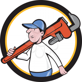 Illustration of a plumber holding monkey wrench on shoulder walking viewed from side set inside circle on isolated background done in cartoon style. 