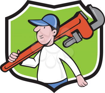 Illustration of a plumber holding monkey wrench on shoulder walking viewed from side set inside shield crest on isolated background done in cartoon style. 