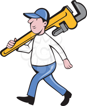 Illustration of a plumber holding monkey wrench on shoulder walking viewed from side set on isolated white background done in cartoon style. 