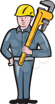Illustration of a plumber wearing hardhat standing holding carrying monkey adjustable wrench on shoulder viewed from front side set on isolated white background done in cartoon style. 