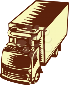 Illustration of a refrigerated truck viewed from hi-angle set on isolated background done in retro woodcut style. 