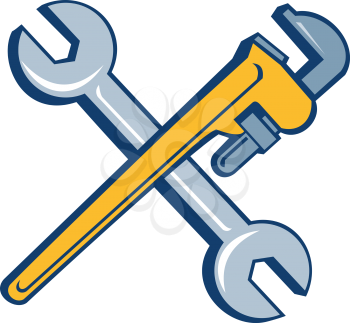 Illustration of a plumber's monkey wrench and mechanic's spanner crossed set inside on isolated white background done in cartoon style. 