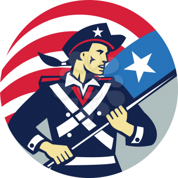 Illustration of an american patriot brandishing holding american usa flag looking to the side set inside circle done in retro style. 
