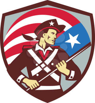 Illustration of an american patriot brandishing holding american usa flag looking to the side set inside shield crest done in retro style. 